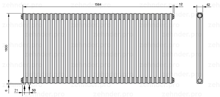 Схема (чертеж) Радиатор Zehnder Charleston 2180/34 №3370 Белый глянцевый RAL 9016